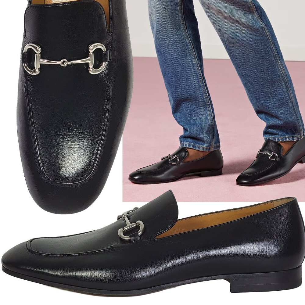 GUCCI SHOES MENS BLACK LEATHER LOAFERS w SILVER TONE HORSEBIT sz 13 13.5 US